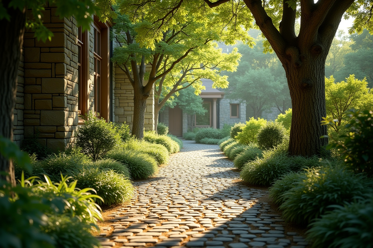 Chemin de jardin ombragé avec pavés en pierre
