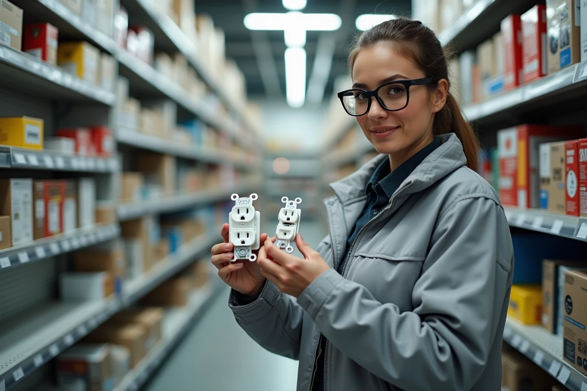 Femme ingénieure comparant des modèles de prises électriques pour tableau en magasin