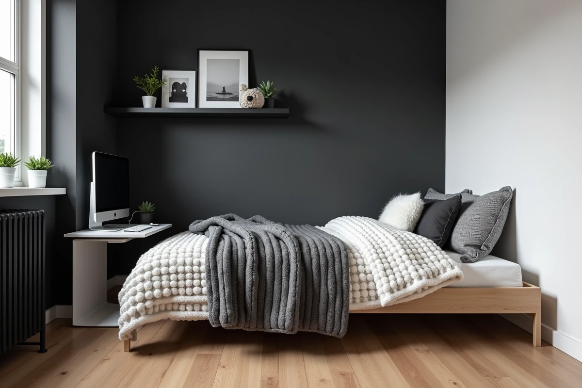 Coin chambre gaming cosy en noir et blanc avec parquet en bois, plantes et prints photo pour éviter l'effet bunker