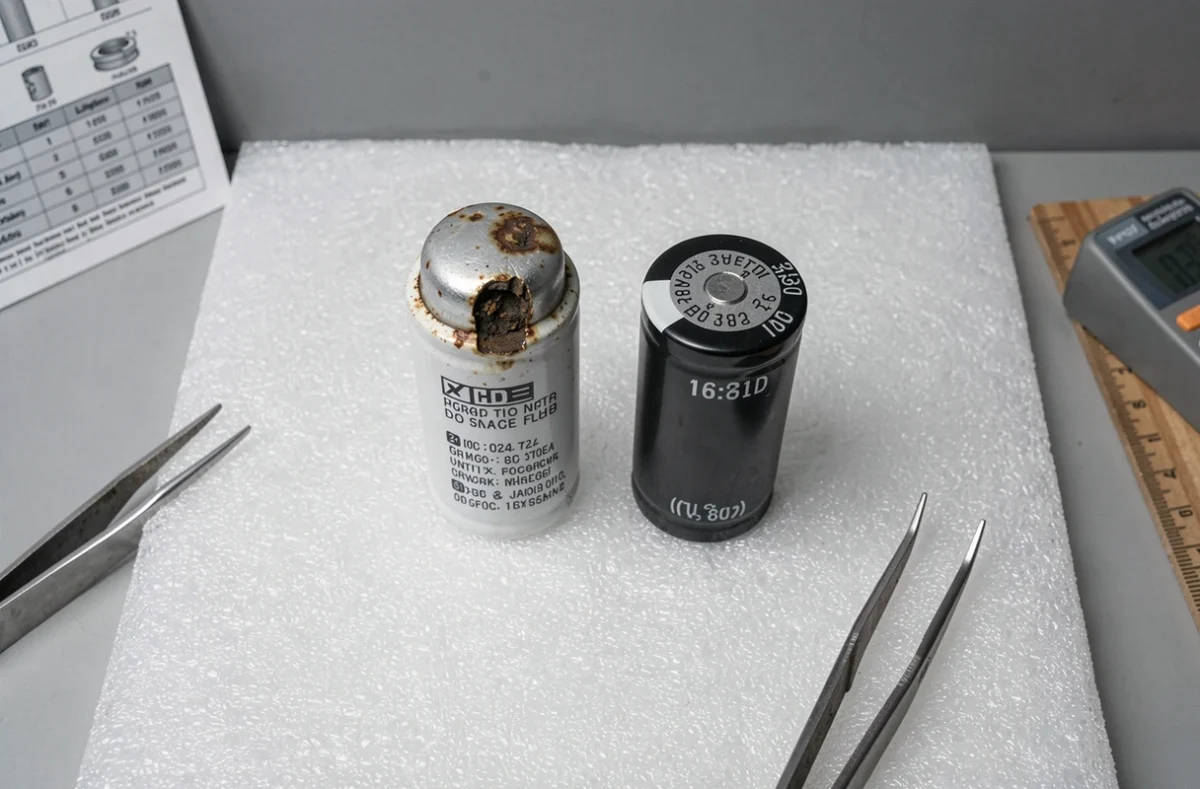 Comparaison entre un condensateur défectueux gonflé et un condensateur en bon état posés sur mousse antistatique
