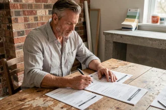 Homme comparant plusieurs devis de rénovation imprimés sur une table en bois dans une cuisine en cours de travaux