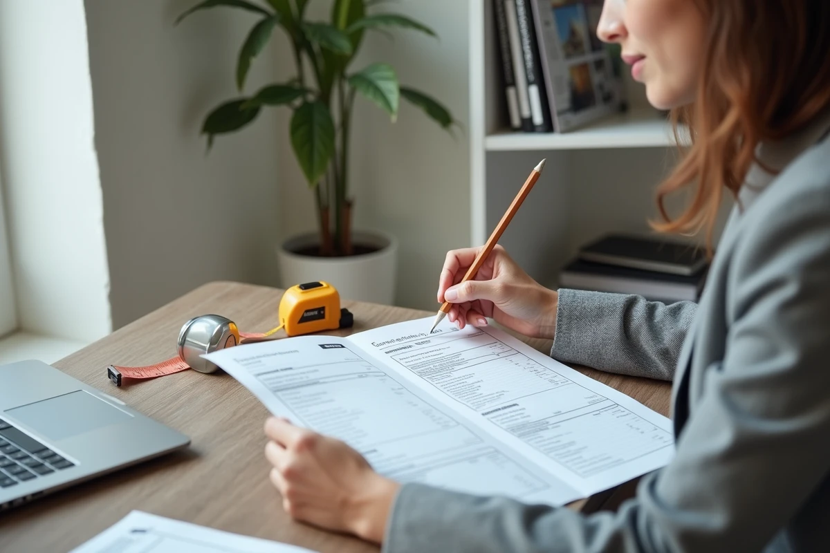 Femme comparant deux devis de travaux au bureau avec mesures en mètre linéaire et mètre carré