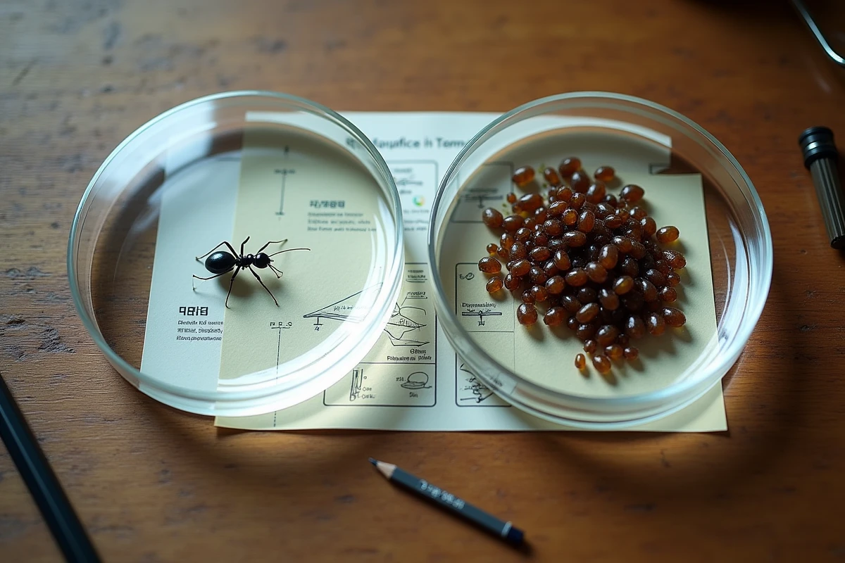 Vue &agrave; plat de deux bo&icirc;tes de P&eacute;tri contenant un insecte noir et des acariens sombres pos&eacute;s sur un bureau en bois avec une fiche d'identification