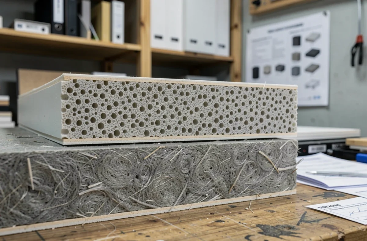 Gros plan sur la coupe transversale de plaques d'isolation thermique et acoustique comparant leurs matériaux et structures internes