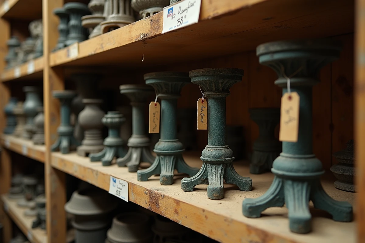 Plusieurs modèles de pieds pour radiateur fonte exposés sur une étagère de quincaillerie avec étiquettes de prix