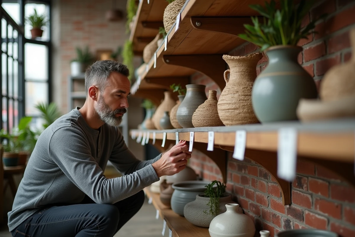 Homme comparant les prix d'articles de décoration dans une boutique tendance avec des étagères en bois et briques apparentes