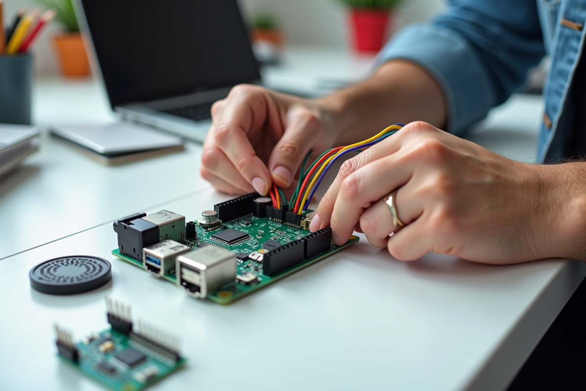 Main connectant des fils colorés sur une carte microcontroleur