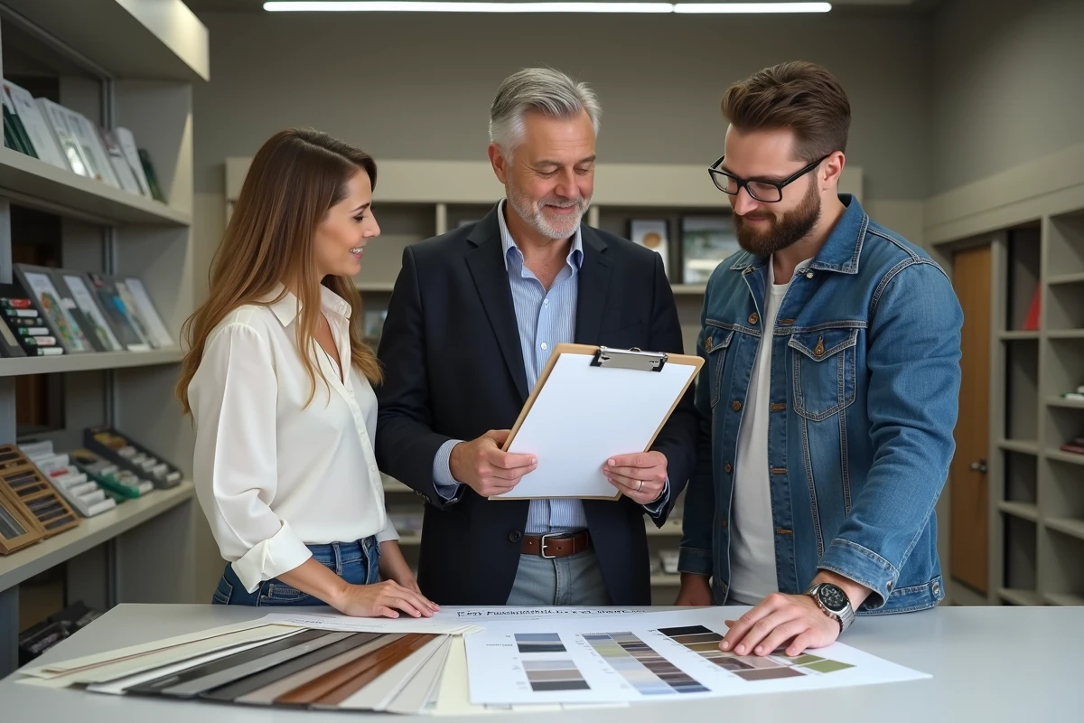 Conseillère commerciale présentant des échantillons de véranda à un couple de clients dans un showroom spécialisé du Trégor