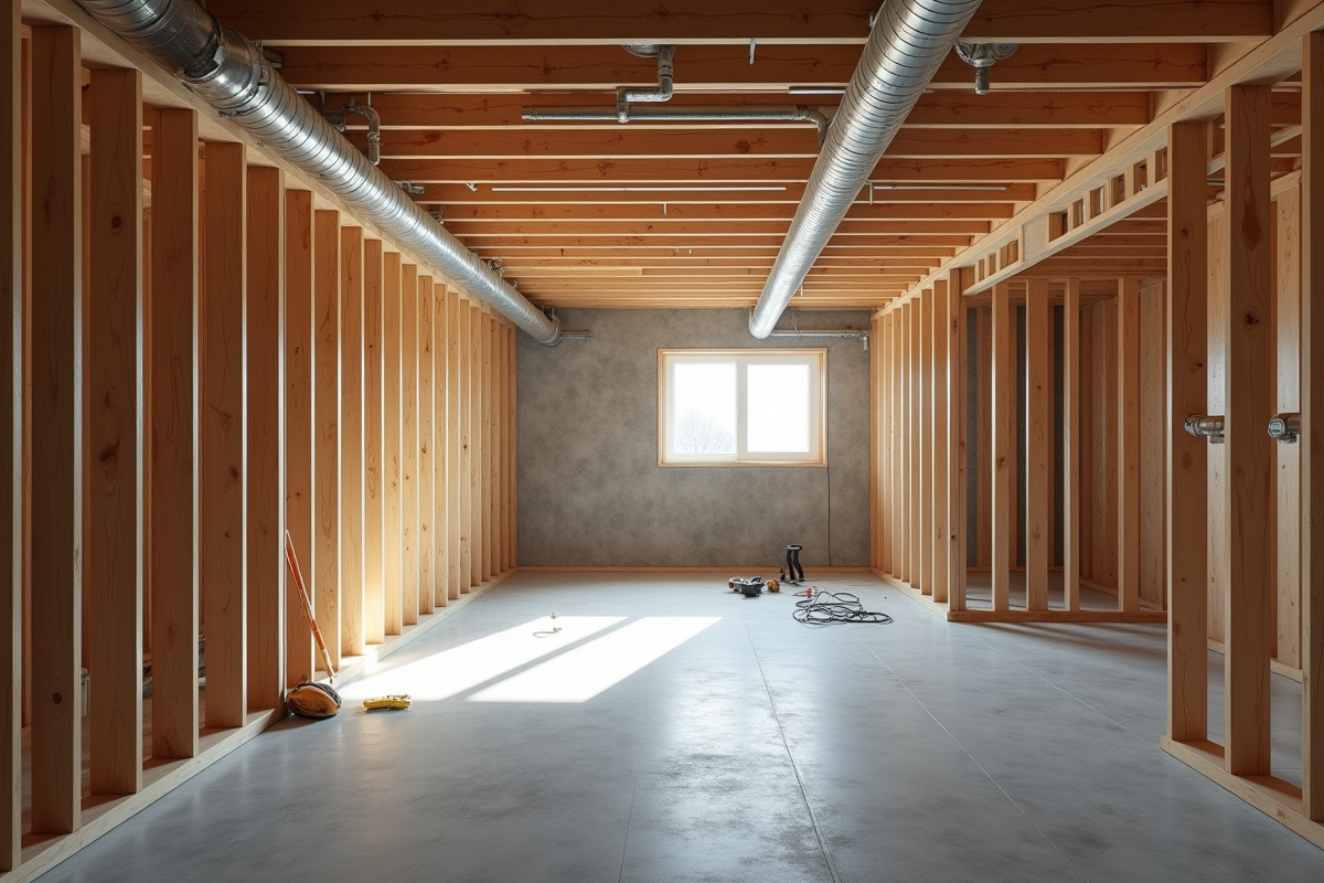 Sous-sol en construction avec ossature en bois et outils