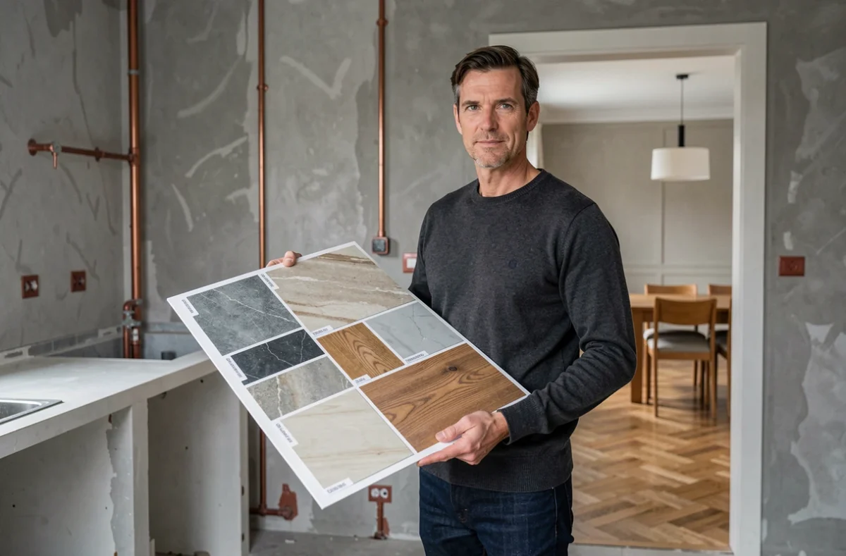 Consultant en design d'intérieur présentant un tableau de matériaux dans une cuisine en cours de rénovation à Lyon