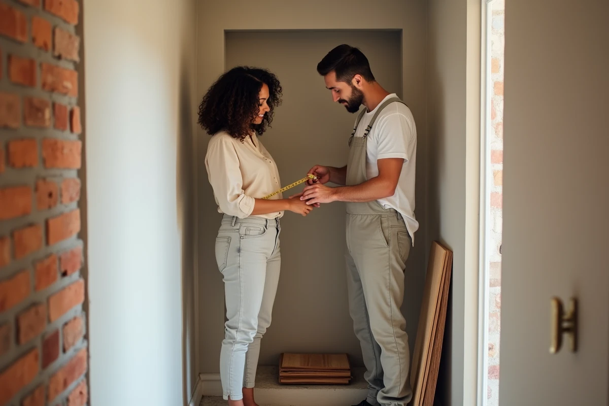 Cliente et artisan menuisier mesurant une alcôve dans un petit appartement lors d'une consultation d'aménagement sur mesure