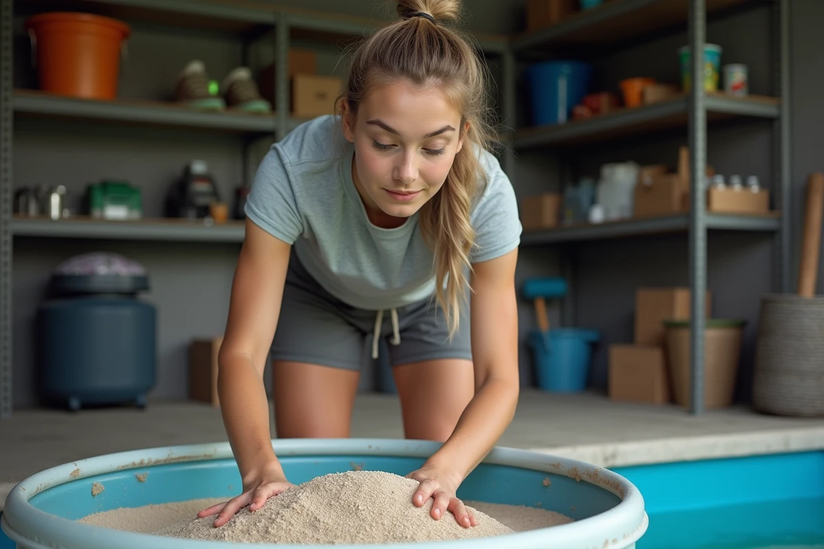 Jeune femme vérifiant le niveau de sable dans un filtre de piscine