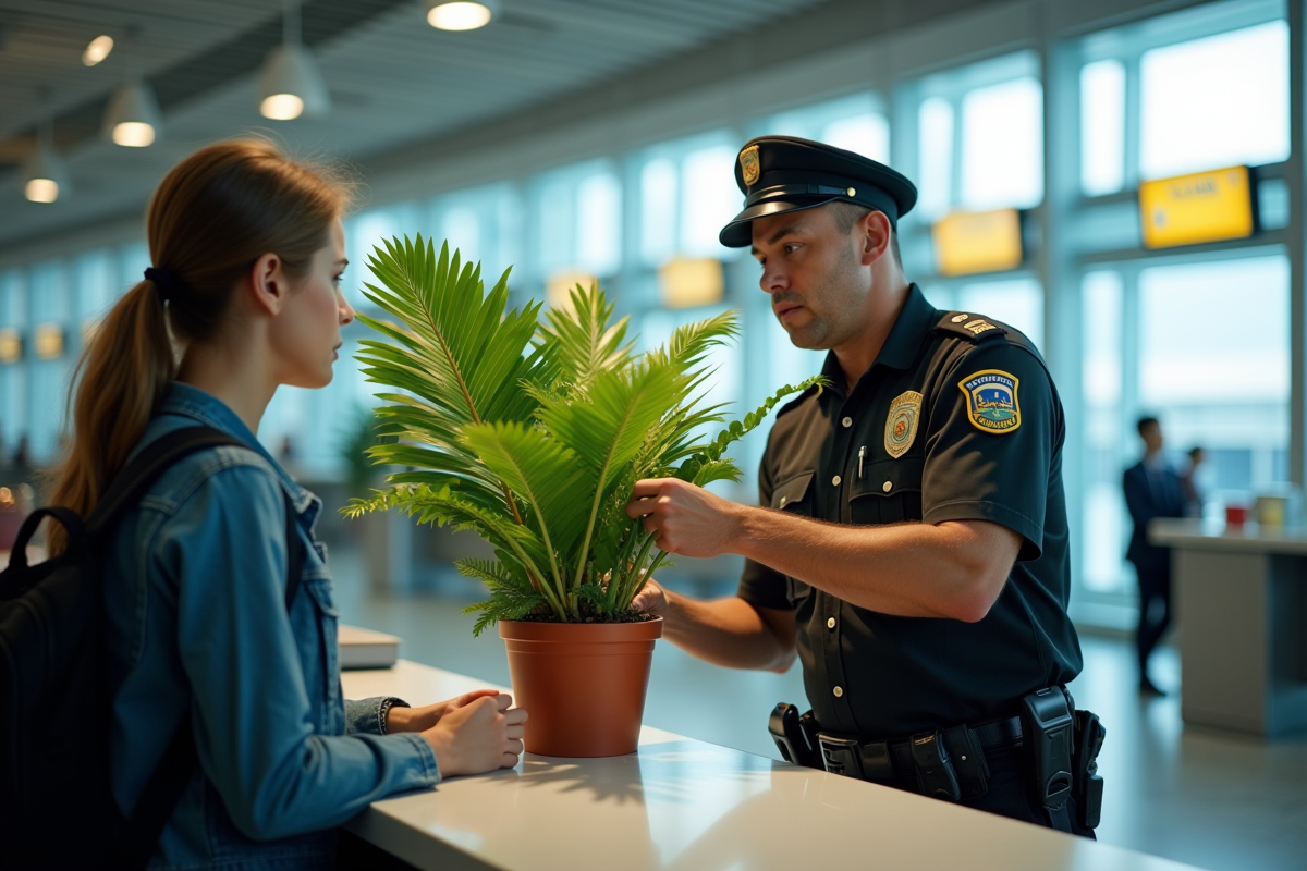 Agent de douane inspectant une plante tropicale à l
