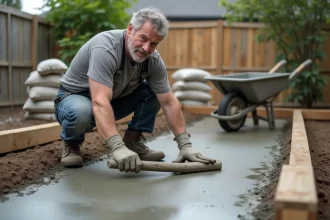 Homme réalisant lui-même une dalle béton dans un jardin résidentiel pour réduire le coût au m²