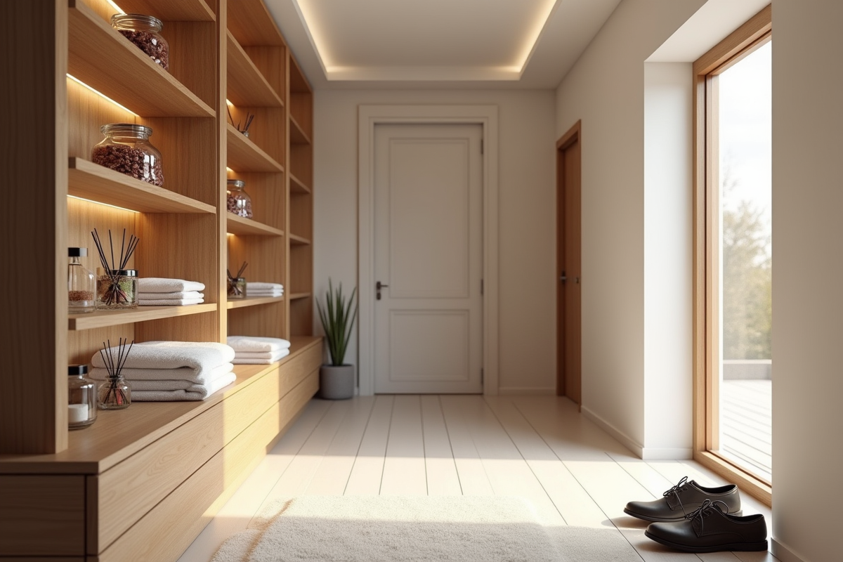 Couloir moderne bien organisé avec étagères et accessoires