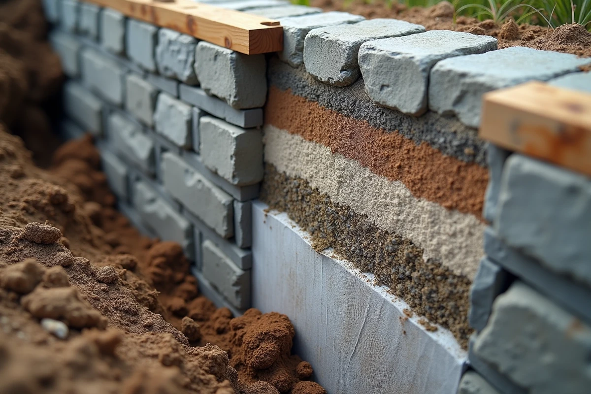 Coupe transversale des couches de fondation et drainage d'un mur en pierre en moellon montrant gravier, géotextile et première assise