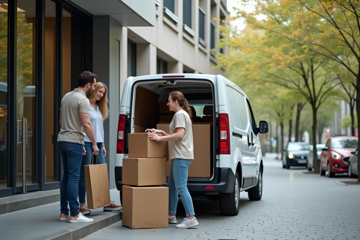 Couple aidé par un chauffeur de taxi meublé pour décharger des meubles devant un immeuble d'appartements