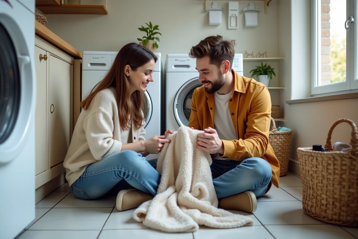 Jeune couple pliant du linge dans une laverie urbaine