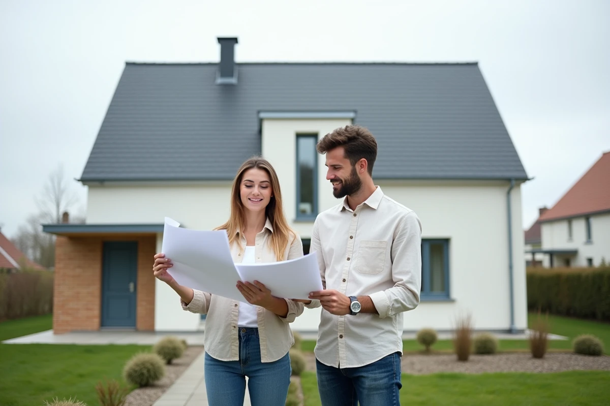 Couple examinant les plans de leur première maison construite par Maison Kléa Nord, devant une façade moderne en région Nord