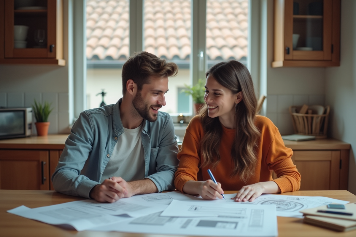 Jeune couple examine plans dans leur cuisine