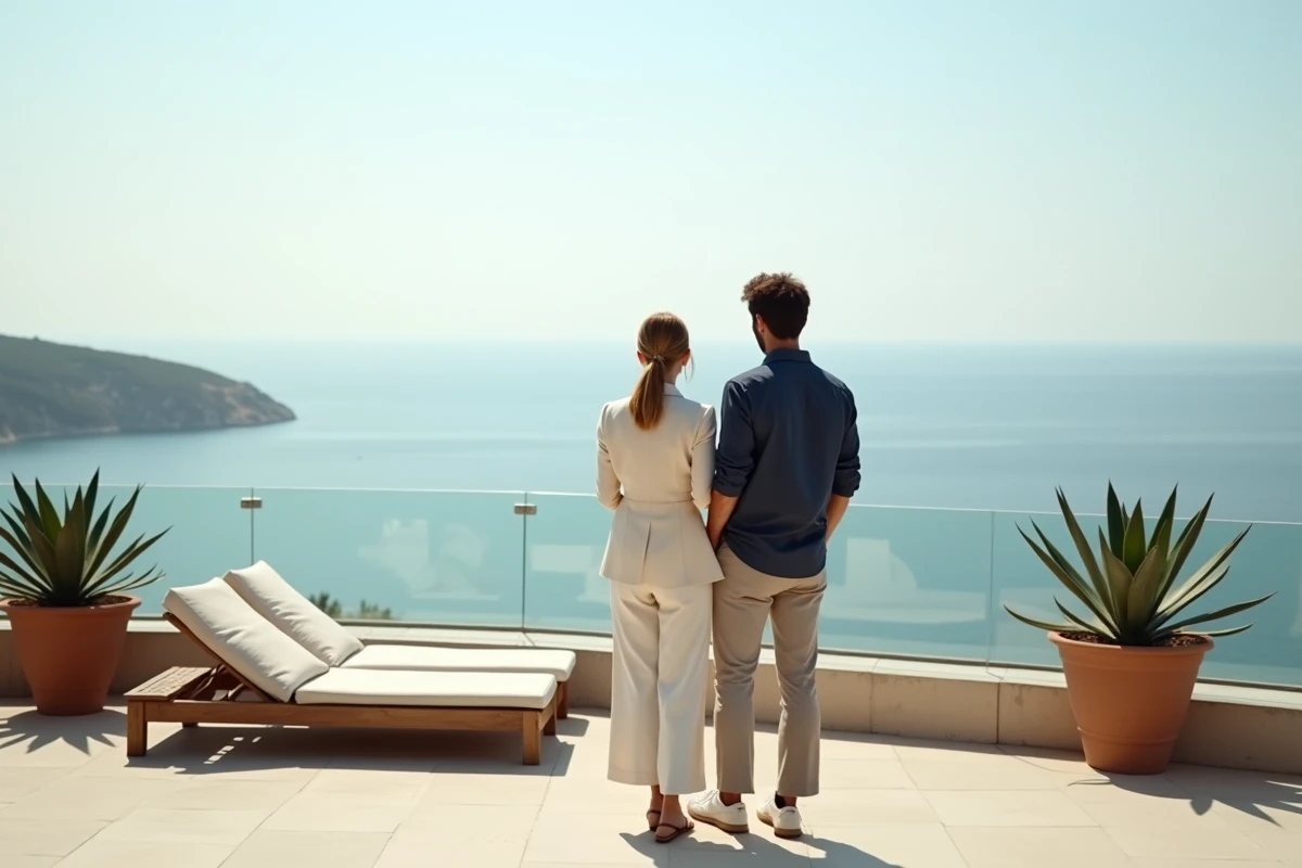 Couple élégant sur la terrasse panoramique d'une villa de luxe avec vue sur la mer Méditerranée