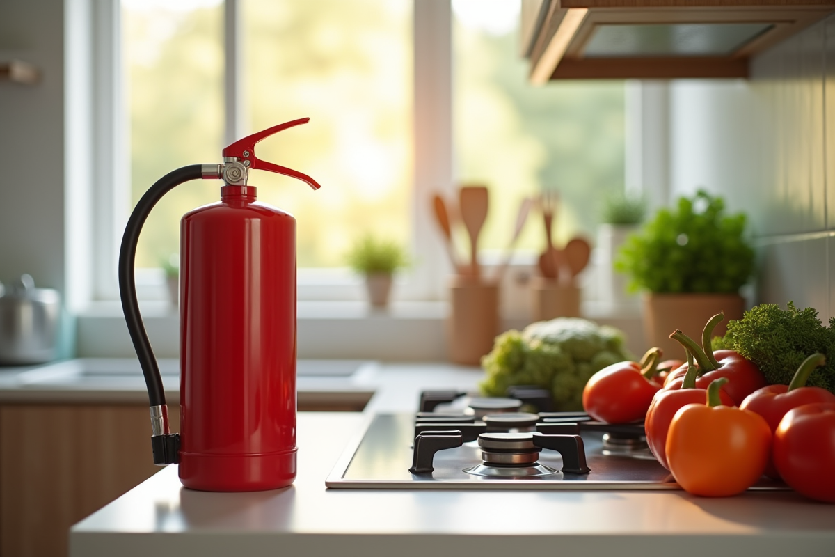 Cuisine lumineuse avec extincteur à côté de la cuisinière
