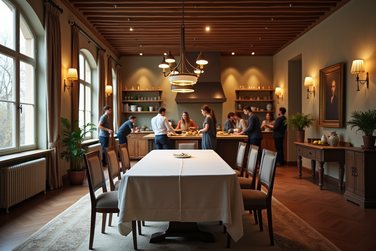 Salle à manger vide avec cuisine animée à côté