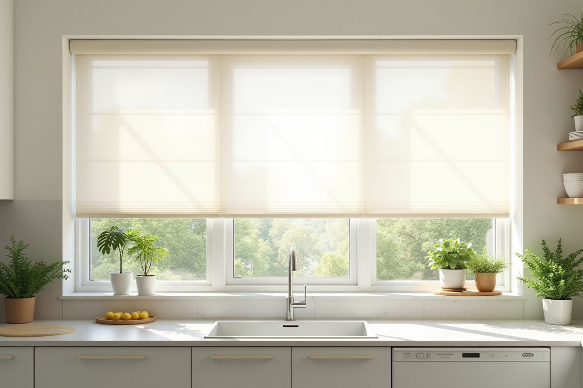 Cuisine lumineuse avec stores filtrant la lumière naturelle