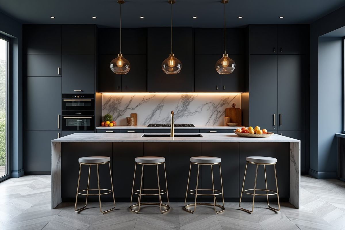 Cuisine contemporaine avec meubles noirs et planche en marbre