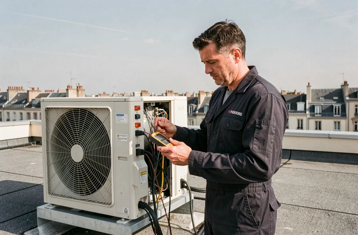 Technicien DBME effectuant une maintenance sur un système de climatisation commerciale à Orléans