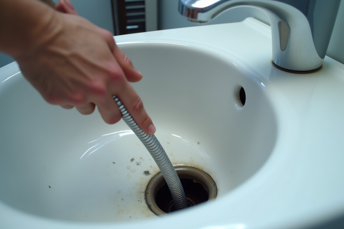 Plombier utilisant un outil pour déboucher un évier