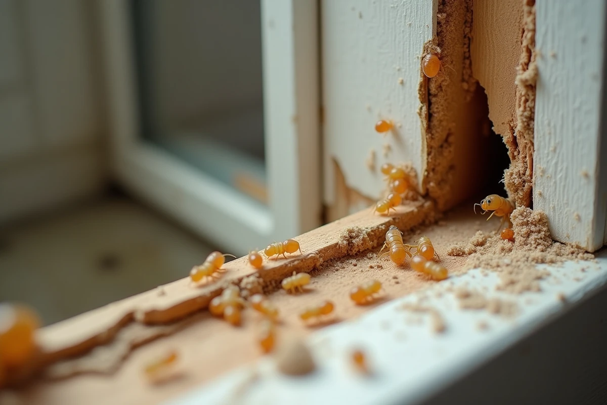 Dégâts causés par des termites volants sur un cadre de fenêtre en bois avec ailes et sciure visibles