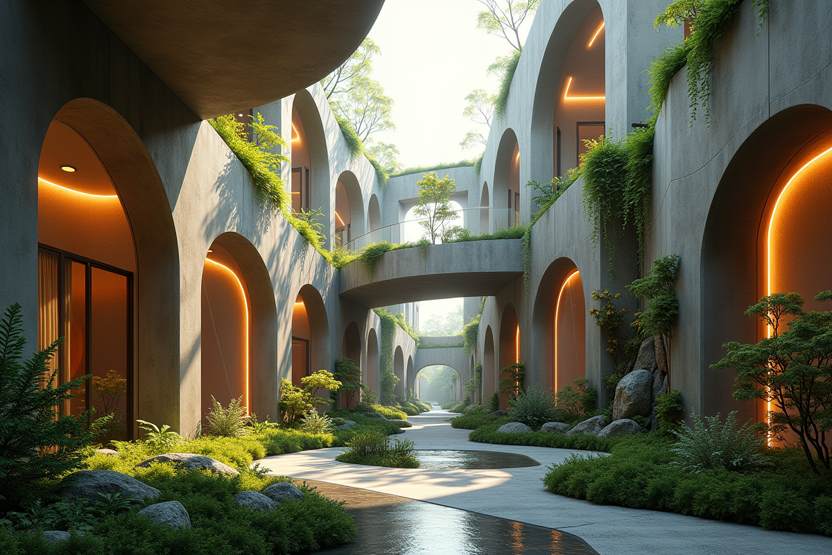 Détail architectural avec murs en béton écologique et jardins verticaux