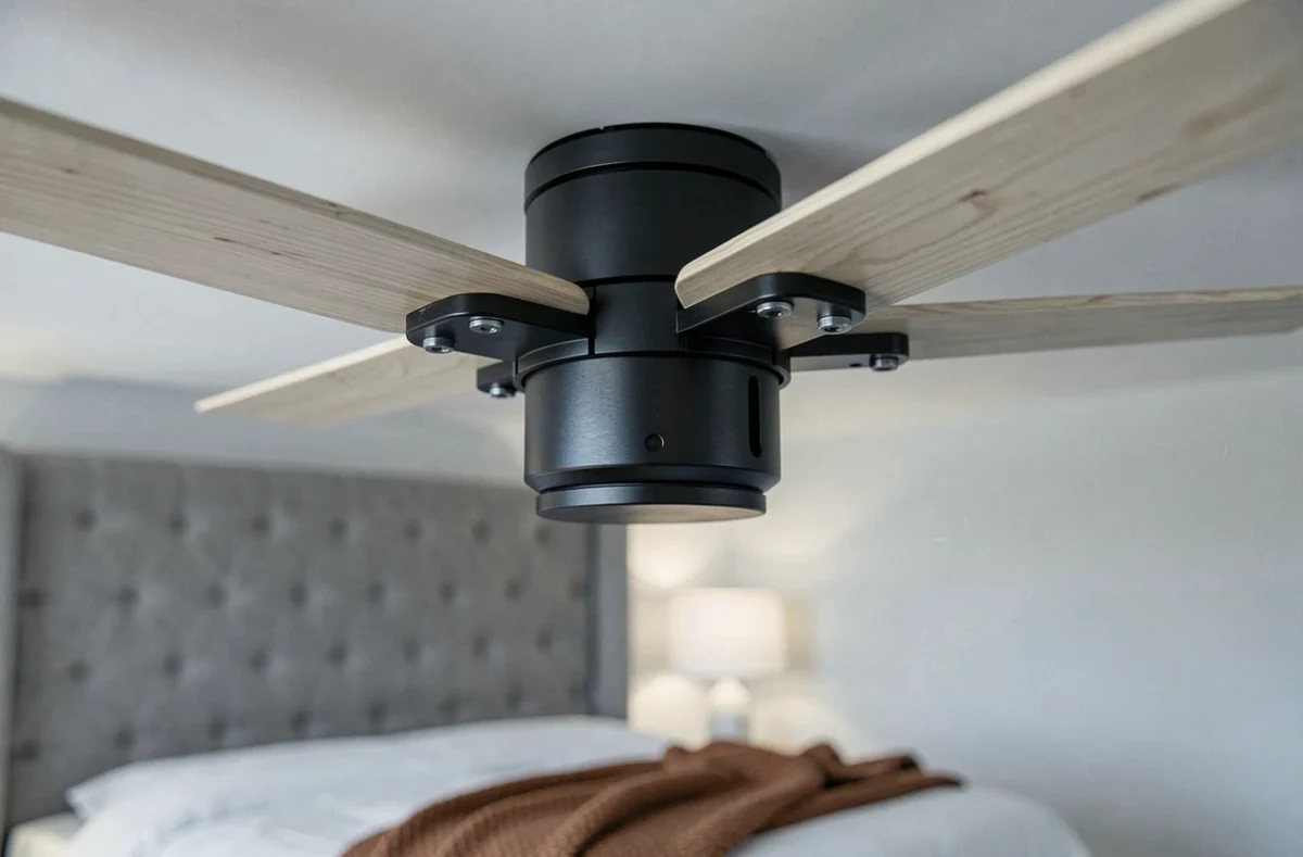 Gros plan sur le mécanisme silencieux d'un ventilateur de plafond haut de gamme avec pales en bois