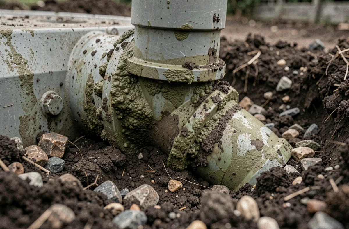 Gros plan sur un drain de fosse septique obstrué avec dépôts et colmatage visible