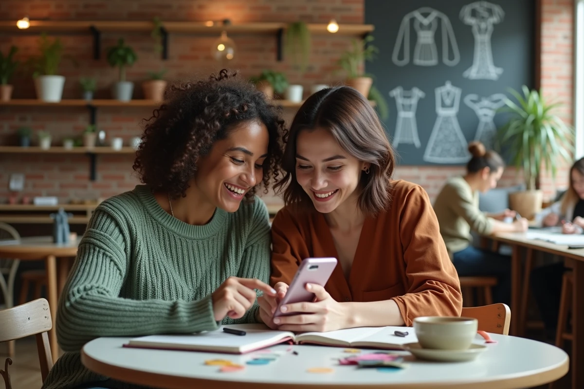 Deux femmes consultant kallou.fr ensemble sur smartphone pour planifier un projet couture collaboratif