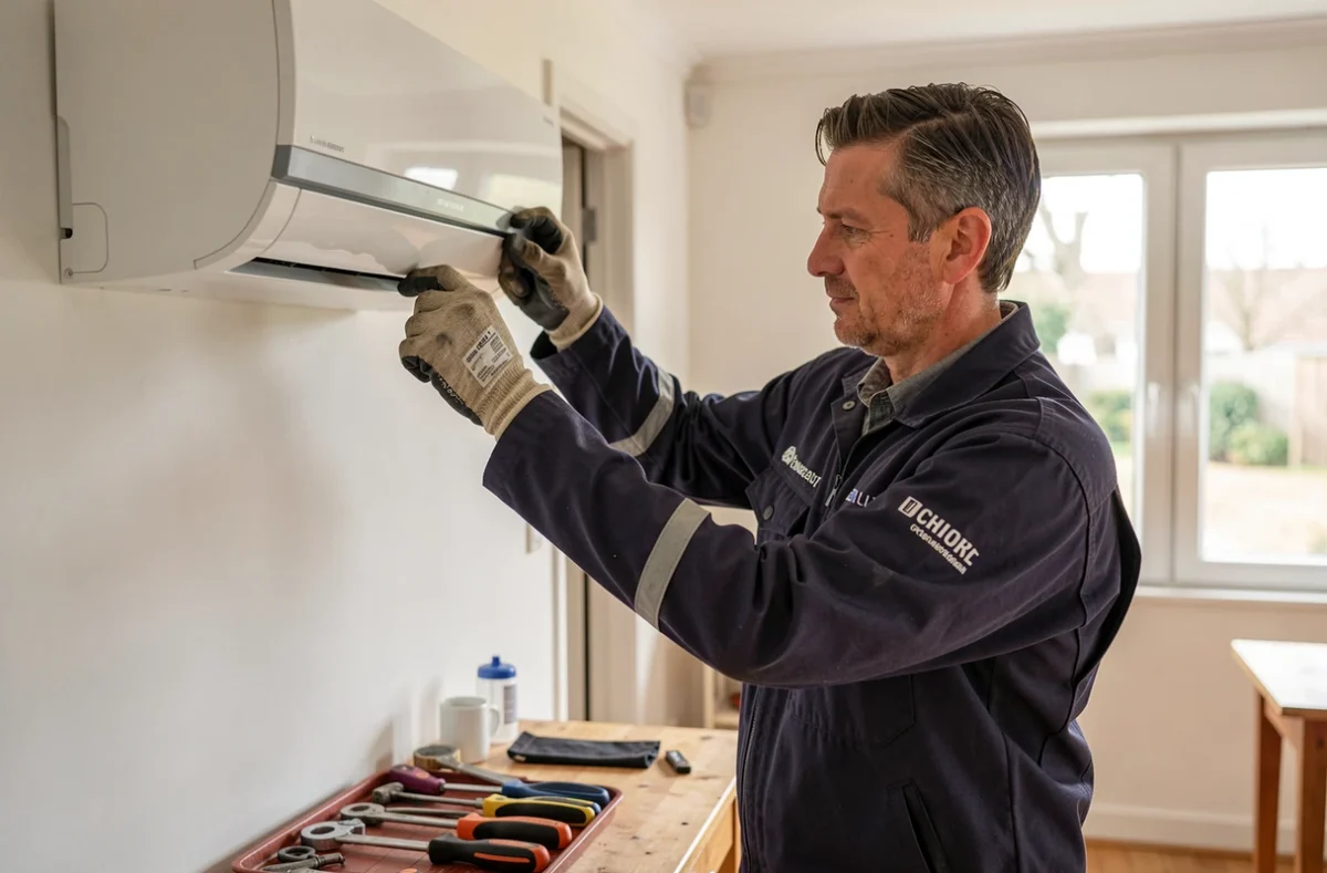 Artisan climaticien EC Froid45 en train d'installer une unité intérieure de climatisation dans une maison du Loiret