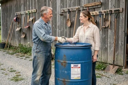 Un homme et une femme échangeant un fût industriel de 200 litres contre un service rendu, poignée de main devant un atelier rural