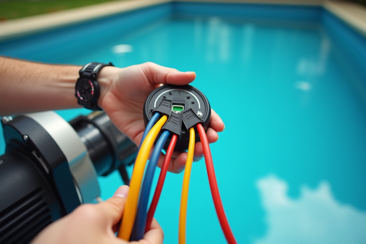 Personne tenant fils électriques colorés près d'une pompe de piscine