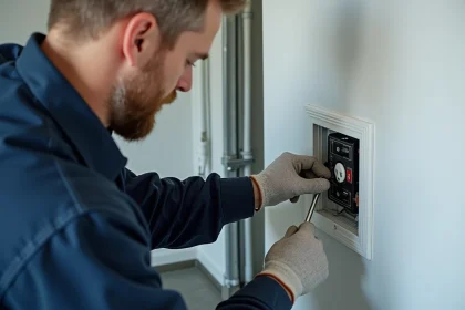Électricien installant une prise électrique dans un tableau de distribution résidentiel