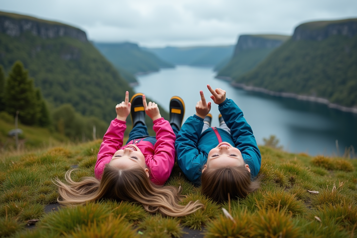 Deux enfants norveges riant sur un toit vert avec vue sur fjord