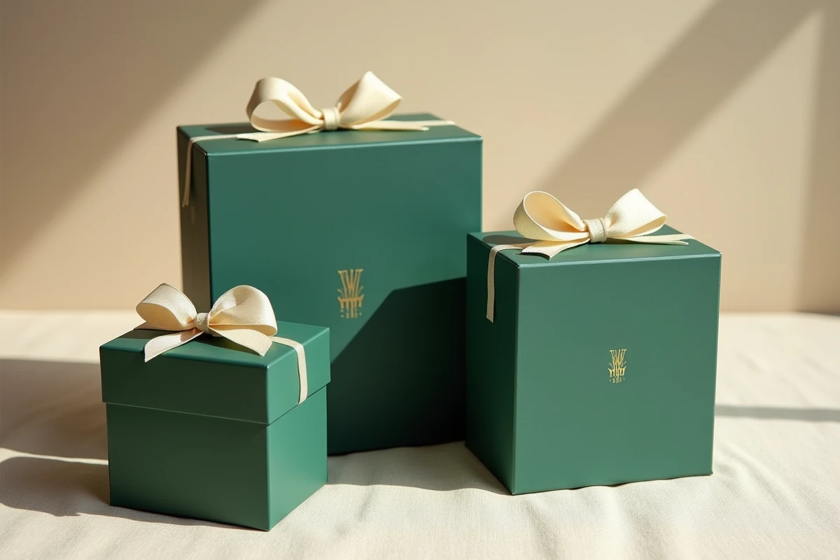 Ensemble de trois boîtes cadeaux vides personnalisables en carton vert avec ruban crème, présentation professionnelle entreprise