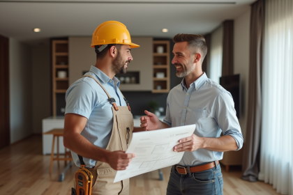 Entrepreneur en r&eacute;novation avec plans dans un salon moderne