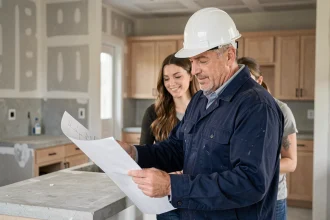 Entrepreneur et propriétaires discutant d'un projet de rénovation de cuisine avec des plans sur papier