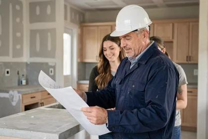 Entrepreneur et propriétaires discutant d'un projet de rénovation de cuisine avec des plans sur papier