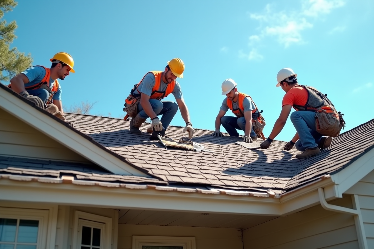 Équipe de travailleurs en rénovation de toiture sous un ciel bleu