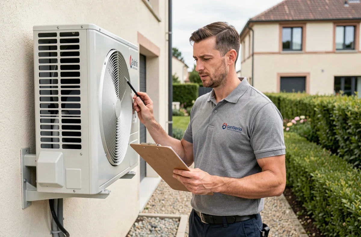 Technicien Exo Clim inspectant une unité extérieure de climatisation à Saint-Denis-en-Val