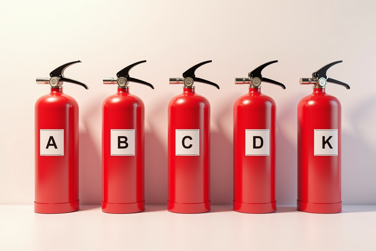 Cinq extincteurs de couleurs différentes pour chaque classe de feu