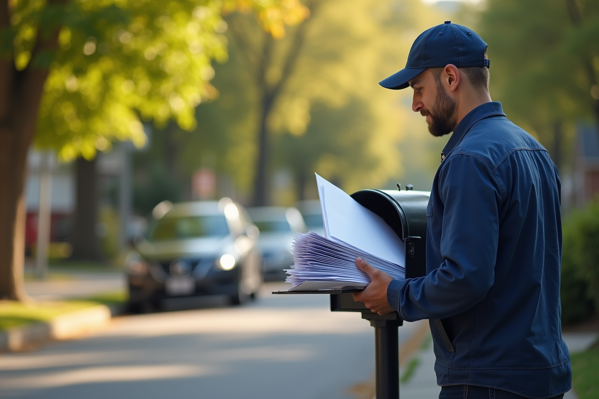 Facteur dépose des lettres dans une boîte aux lettres ensoleillée