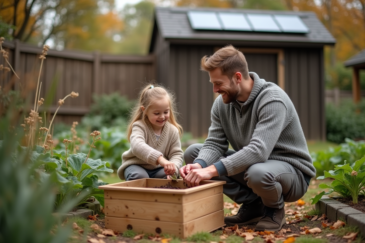 Père et fille compostant dans un jardin écologique en automne